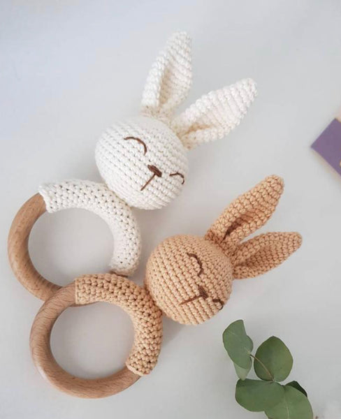 Wooden Rattle Crochet Rabbit Toy