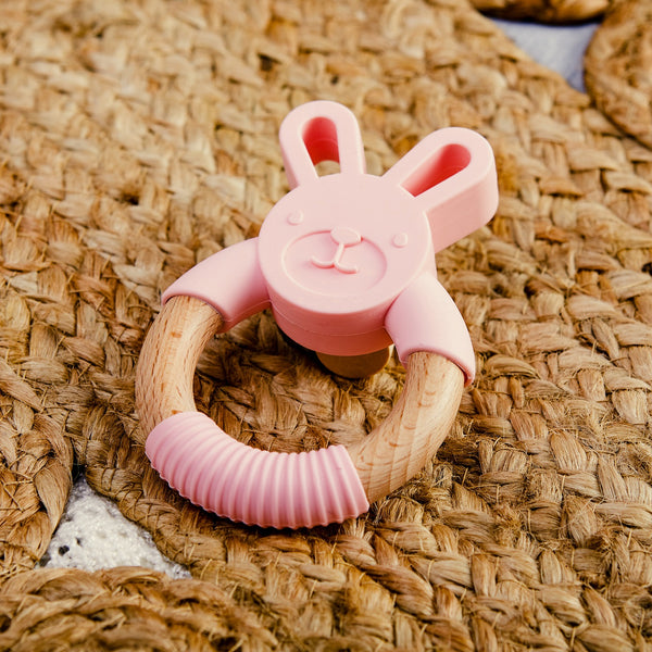 Silicon and Wood Ring Teether - Pink