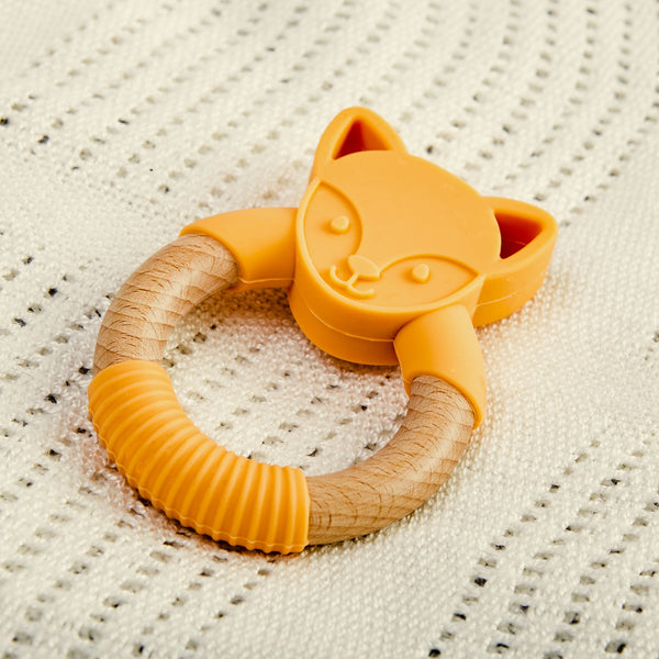 Silicon and Wood Ring Teether - Orange