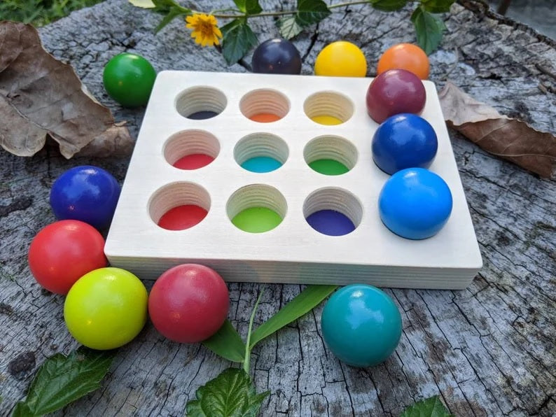Grimms Inspired Wood Colour Sorting Board + Rainbow Marbles