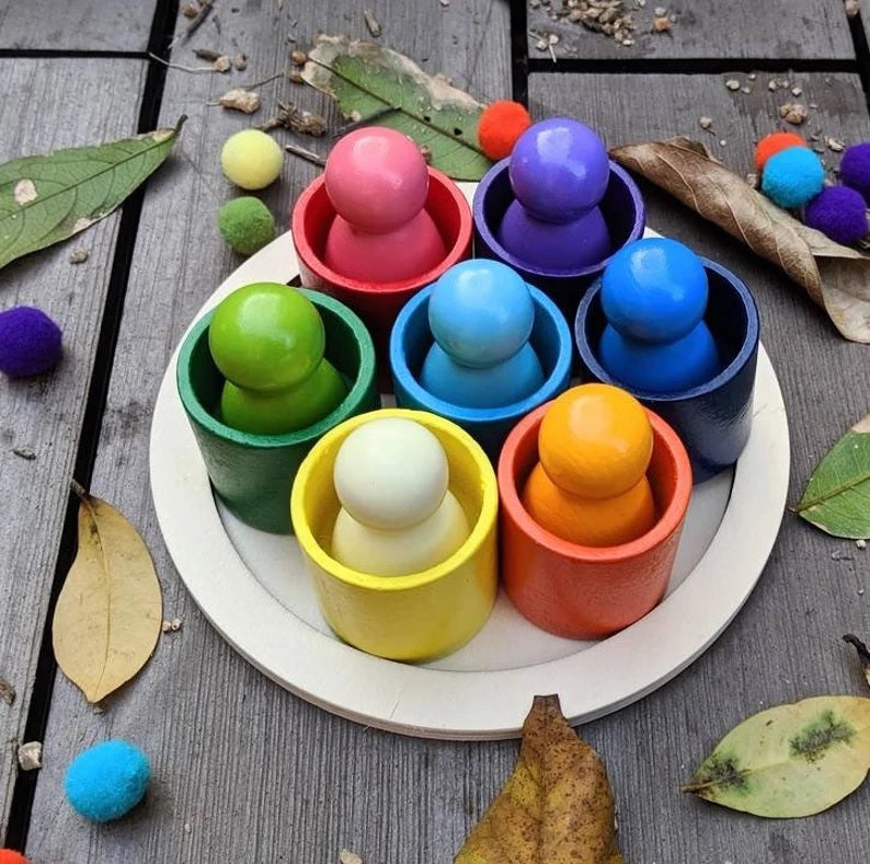 Rainbow Sorting Cups & Pegs People - 12pc Set